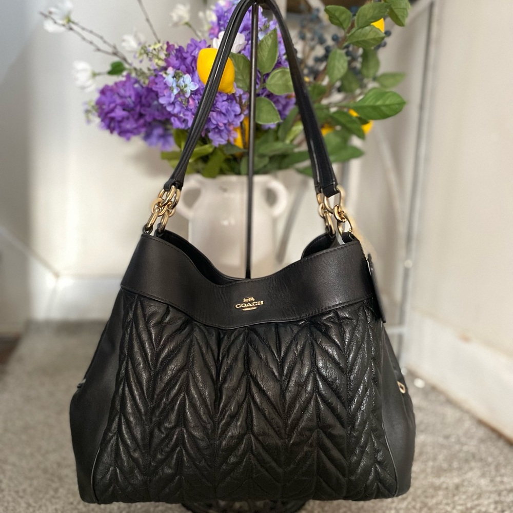COACH Lexy chevron quilted black leather hobo bag